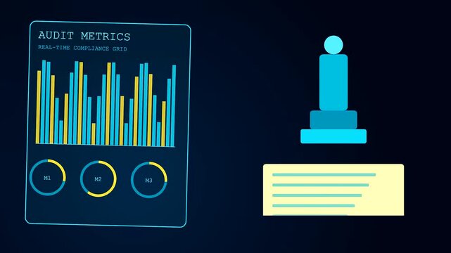 A digital screen showcasing ethics auditing metrics with animated bar graphs and circular gauges displayed in a repeating looped sequence for data monitoring and software analysis