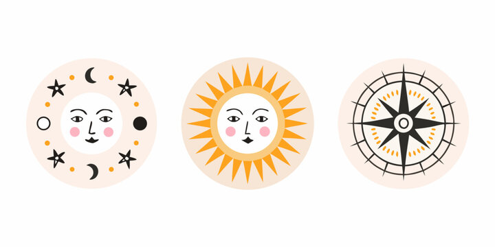 Celestial Emblems Featuring Sun Moon And Compass Rose Vector Illustrations