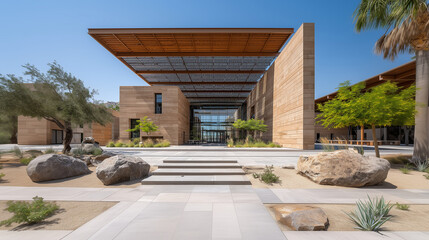 Obraz premium Modern desert architecture with sandstone walls and metal canopy