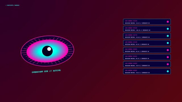 Ethics auditing monitoring system interface showing glowing neon eye icons with digital data metrics on dark purple ambient screen for modern software user experience design