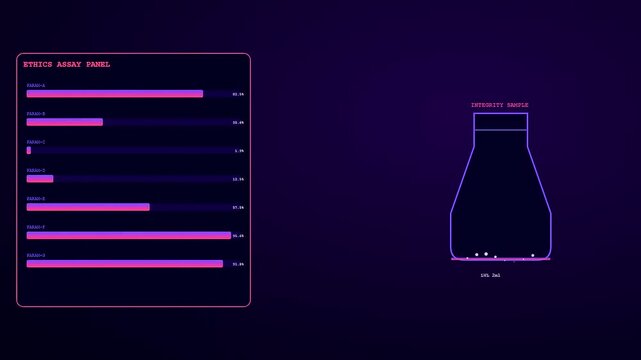 Digital ethics auditing interface visualizes declining liquid levels inside glass beakers with glowing pink data charts across a dark computer monitor for research software screen