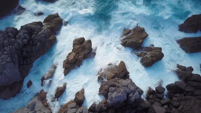 Senkaku Bay aerial view of powerful waves crashing on rocky shore