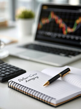 A minimalist desk setup with a laptop displaying stock market fluctuations, alongside a notebook with the heading "Dollar-Cost Averaging." The composition includes ample copy space to highlight the