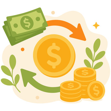 Money exchange with circular arrows representing financial transaction and currency flow illustration