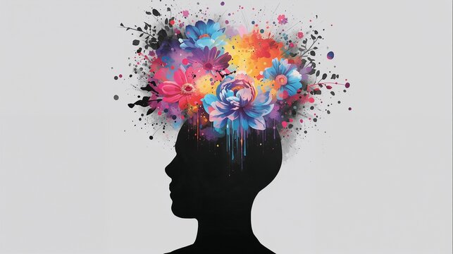 AI Generative. Human head silhouette with colorful flowers exploding from the mind, concept of creativity, mental health, and psychology. 4