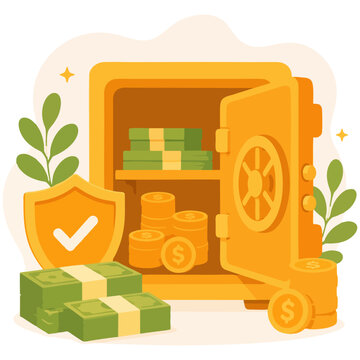 Open bank vault with cash and coins representing secure money storage illustration