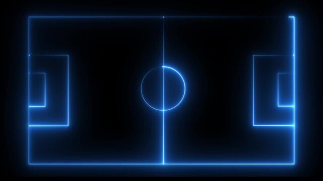 Animation of neon sports stadium on black background with neon lights match football isometric field video animation, Soccer field stadium or football