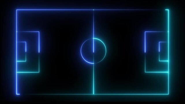 Animation of neon sports stadium on black background with neon lights match football isometric field video animation, Soccer field stadium or football