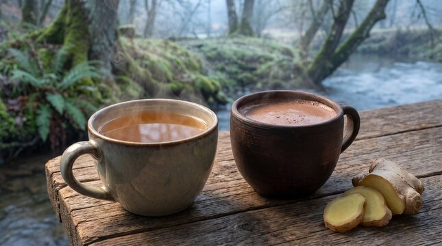 Hot herbal tea and cocoa mugs with fresh ginger slices on wooden table by a forest stream