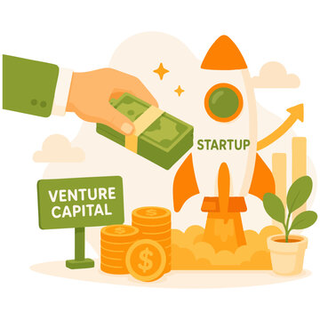 Venture capital funding concept with investor cash, startup rocket and financing illustration