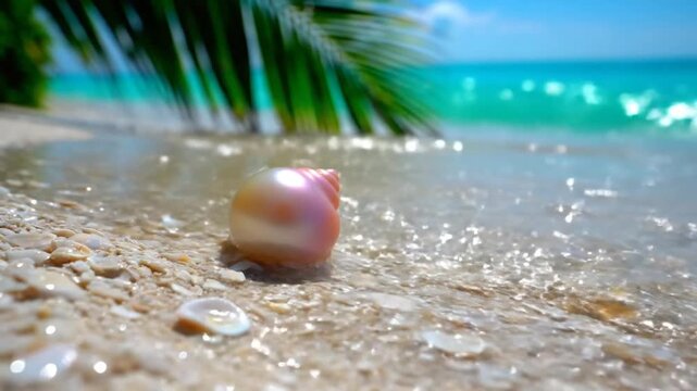 Iridescent seashell on a sunlit tropical beach with turquoise water and palm tree fronds in the background