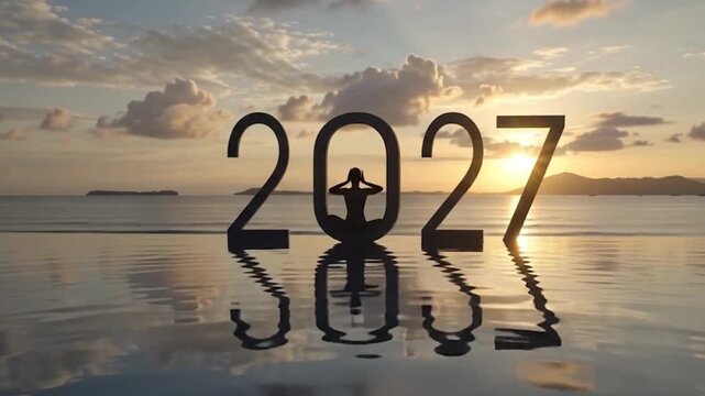 Silhouette of Woman Practicing Yoga Inside 2027 Text with Infinity Pool Reflection at Sunset