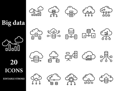 Database, Big Data, Cloud Computing, SQL, and Python Programming Line Icons Set for Data Management, Security, Analytics, and Technology Concepts
