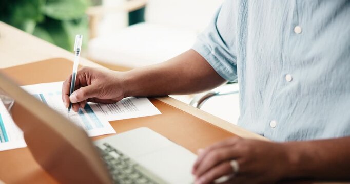 Man, hands and writing with laptop for finance, budget planning or tax deduction in office. Male person, accounting or checklist with paperwork, documents or computer for financial audit in workplace