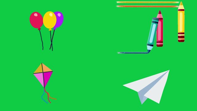 2D Animated Kids Play Collection with Balloons Crayons Kite and Airplane