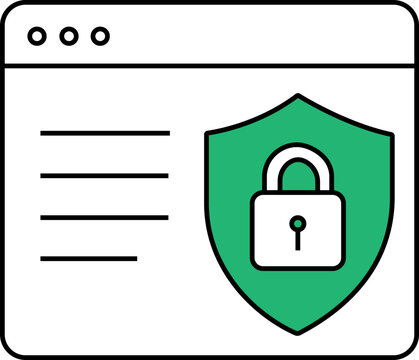 Website Security Shield with Padlock Outline Vector Icon. Secure Web Browser Window with Lock Protection Illustration.