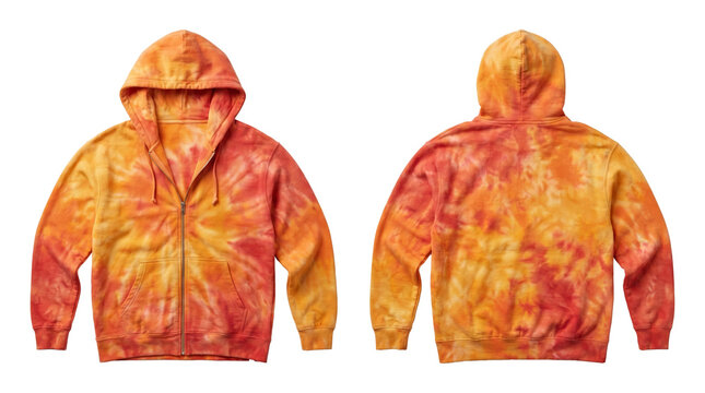 Vibrant Orange and Yellow Tie Dye Zip Up Hoodie Ghost Mannequin Mockup Front and Back View