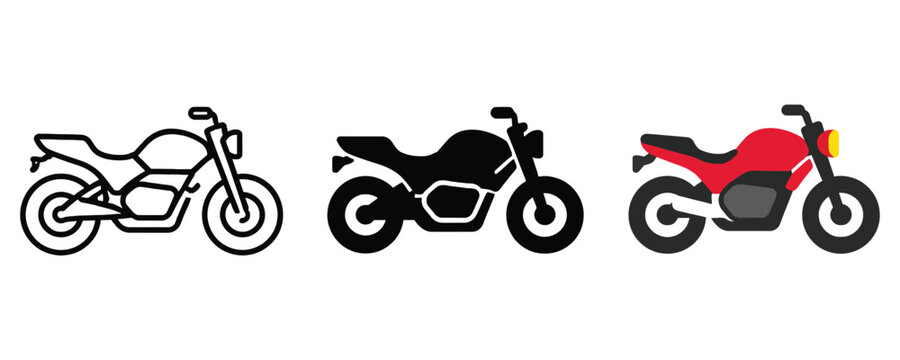 Motorcycle vehicle icon set in outline and flat styles with motorcycle, motorist