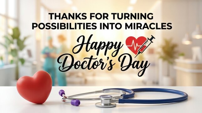 Happy doctors day still life photography layout with a stethoscope red heart object and greeting card on wood