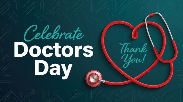 Celebrate doctors day thank you message banner design featuring a red heart shaped stethoscope over dark background