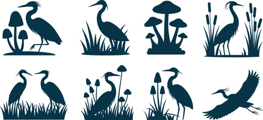 Obraz premium Heron silhouette vector illustration set with swamp nature elements cattail reeds mushrooms wild birds stencil bundle isolated on white background
