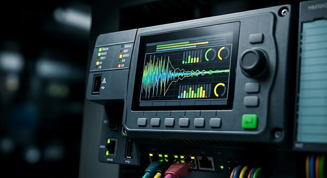 Active harmonic acoustic suppression master PLC controller with high-contrast digital sound wave display on HMI &ndash; industrial automation rack unit grid, power quality, noise cancellation, electrical
