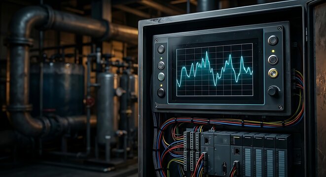Atmospheric water generation master control PLC with high-contrast digital humidity HMI display and power distribution unit (PDU) macro detail &ndash; industrial automation, water-from-air technology