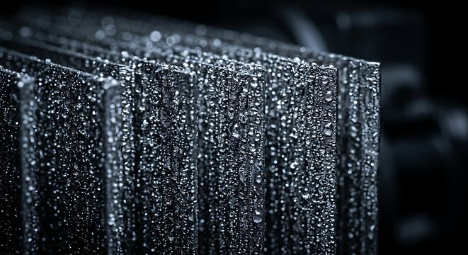 Atmospheric water generator (AWG) extraction fin with hydrophilic titanium condensation array &ndash; macro close-up of moisture harvesting surface, water droplet formation, advanced cooling system