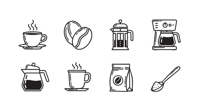Coffee brewing icons with beans and equipment in a clean flat design style on a white background