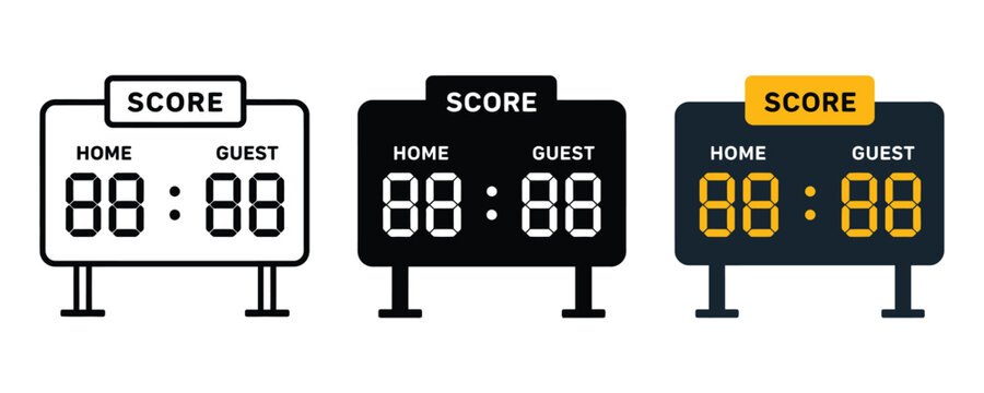 Set of sports scoreboard icons in outline silhouette and flat styles