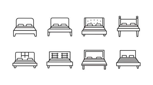 Collection of bed icons with diverse headboard styles against a clean white background representing comfort and interior design concepts