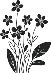 Fototapeta premium Black silhouette wildflower bouquet vector illustration, isolated decorative spring floral element set on white background