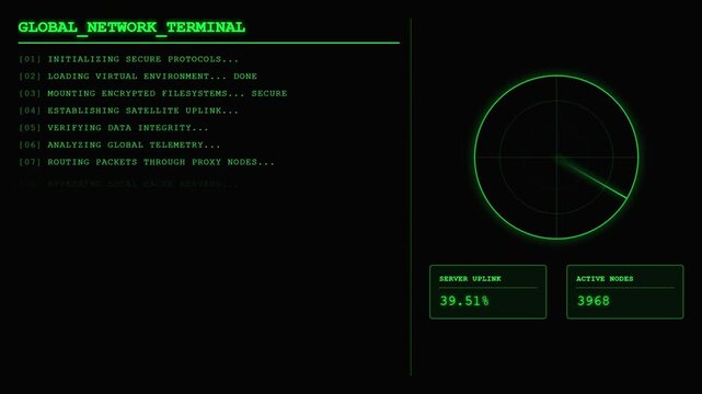 Global Network Terminal Hacker Radar Dashboard Animation Green Cybersecurity Loop.