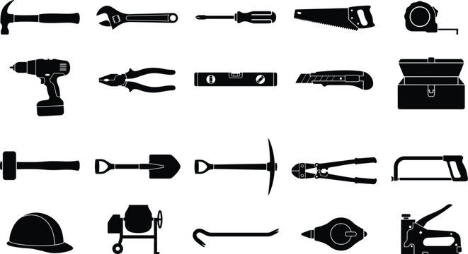 Industrial and construction equipment vector icons set on transparent backdrop.