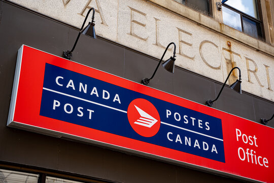 Close up of the Canada Post office sign in Ottawa. Ottawa, Canada - June 24, 2026.