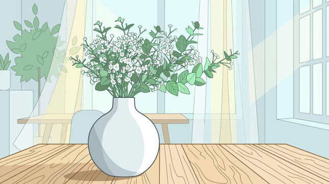 Illustration vectorielle d'un vase blanc minimaliste rempli de fleurs sauvages et de branches d'eucalyptus pos&eacute; sur une table en bois dans une pi&egrave;ce lumineuse et a&eacute;r&eacute;e