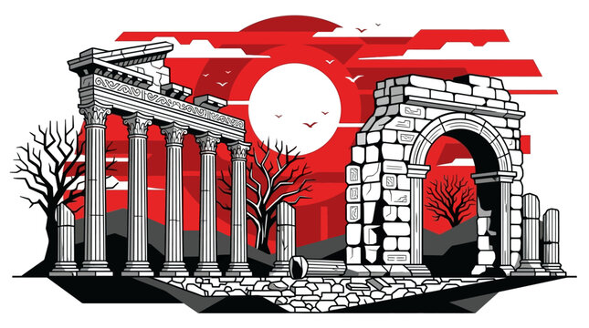 Illustration vectorielle stylis&eacute;e repr&eacute;sentant des ruines antiques avec des colonnes romaines et une arche en pierre sous un grand soleil rouge vif sur un fond blanc &eacute;pur&eacute;.
