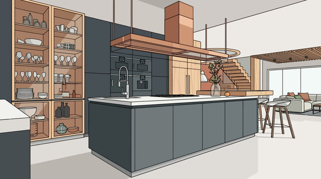 Une illustration architecturale moderne d'une cuisine ouverte spacieuse avec un &icirc;lot central, des armoires en bois et des finitions gris fonc&eacute; dans un int&eacute;rieur contemporain &eacute;l&eacute;gant.
