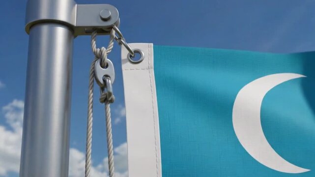 Closeup of a flag attached to a flagpole with a rope and metal hardware against a clear blue sky