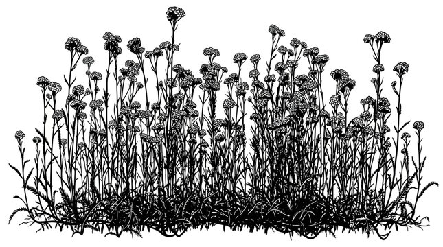 Illustration botanique d&eacute;taill&eacute;e en noir et blanc repr&eacute;sentant un buisson dense de petites plantes herbac&eacute;es avec de nombreuses fleurs &eacute;panouies, dans un style gravure vintage.