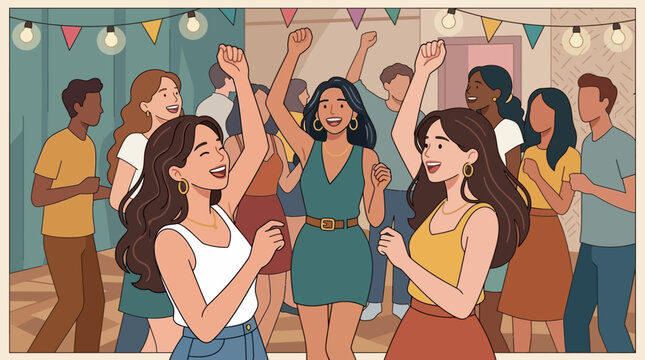 Un groupe diversifi&eacute; de jeunes adultes heureux dansant ensemble lors d'une f&ecirc;te joyeuse d&eacute;cor&eacute;e avec des guirlandes lumineuses et des fanions color&eacute;s dans une ambiance festive.