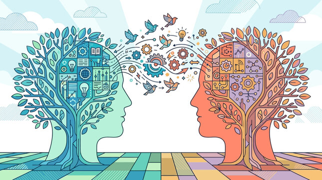 Illustration conceptuelle montrant deux profils humains sous forme d'arbres connect&eacute;s par des oiseaux et des engrenages, symbolisant l'&eacute;change d'id&eacute;es, la communication et la pens&eacute;e cr&eacute;ative.