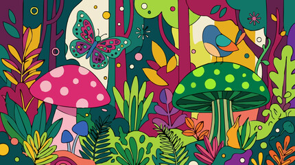 Vibrant psychedelic forest illustration with mushrooms, butterfly, and bird