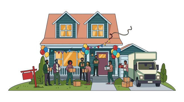 Illustration d'un groupe diversifi&eacute; de personnes c&eacute;l&eacute;brant un d&eacute;m&eacute;nagement dans une nouvelle maison d&eacute;cor&eacute;e avec des ballons et des guirlandes, avec un camion de livraison gar&eacute; devant.