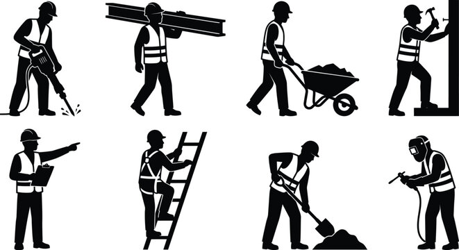 Construction worker silhouettes set featuring builders with tools equipment and safety gear for industrial work.