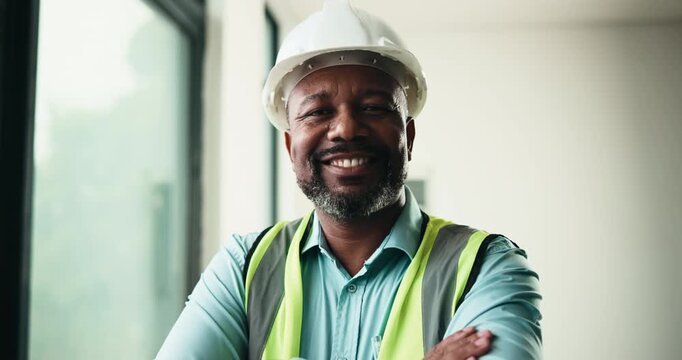 Architect, face and happy man with arms crossed in building, property management or home renovation. Mature civil engineer, portrait and black person with helmet, confident and architecture in Kenya