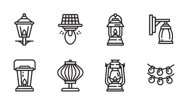 Collection of diverse lantern and light fixture icons in a clean line art style on a white background