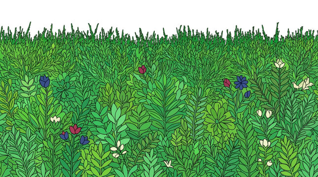 Illustration vectorielle d'un champ d'herbe verte luxuriante avec des fleurs sauvages color&eacute;es et un espace de copie blanc au-dessus pour le design printanier ou estival