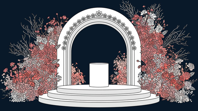 Un podium circulaire blanc avec une arche d&eacute;corative orn&eacute;e de fleurs roses et de branches sur un fond bleu marine sombre, id&eacute;al pour la pr&eacute;sentation de produits de luxe.