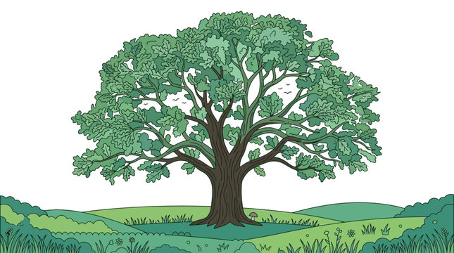Une illustration vectorielle stylis&eacute;e d'un grand arbre majestueux avec un feuillage vert luxuriant et un tronc robuste, situ&eacute; au centre d'un paysage de collines douces et d'herbe.